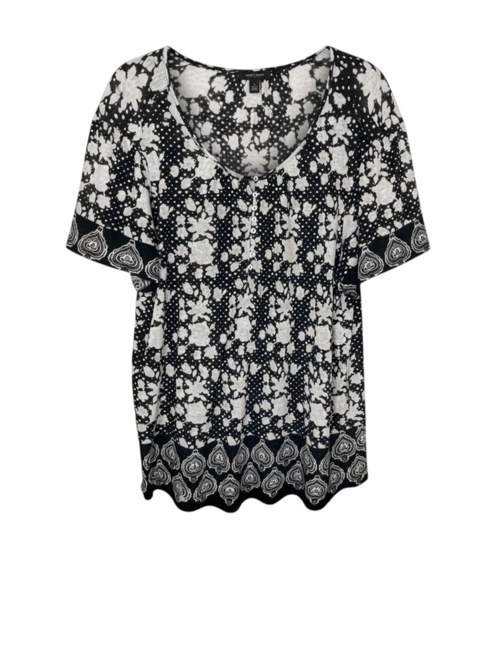 LUCKY BRAND Plus Size Boho Floral Henley Short Sleeve Blouse - Size 1X/Large